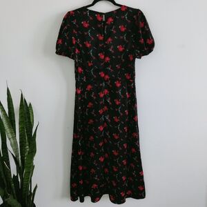 miami Floral Midi Dress M Black Red Roses Puff Sleeve